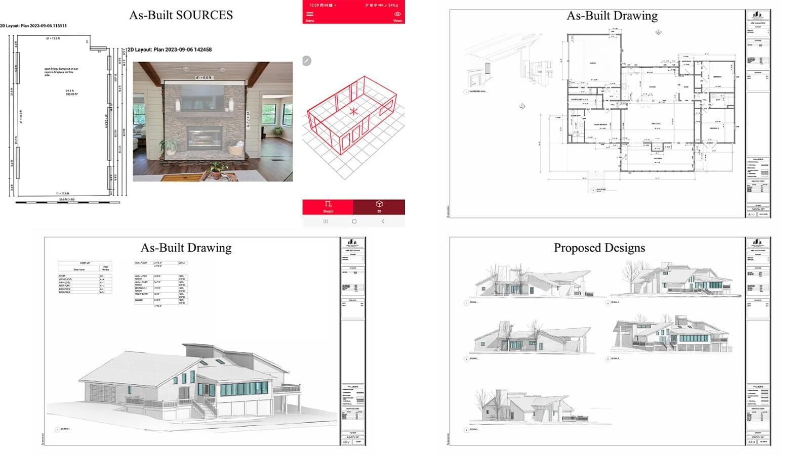 Presentation layout showing an as-built survey process for a residential project, including Leica scan data, 2D floor plans, 3D model, and photographic reference, followed by architectural drawings and proposed elevation renderings prepared by Whole Construction Solutions LLC.