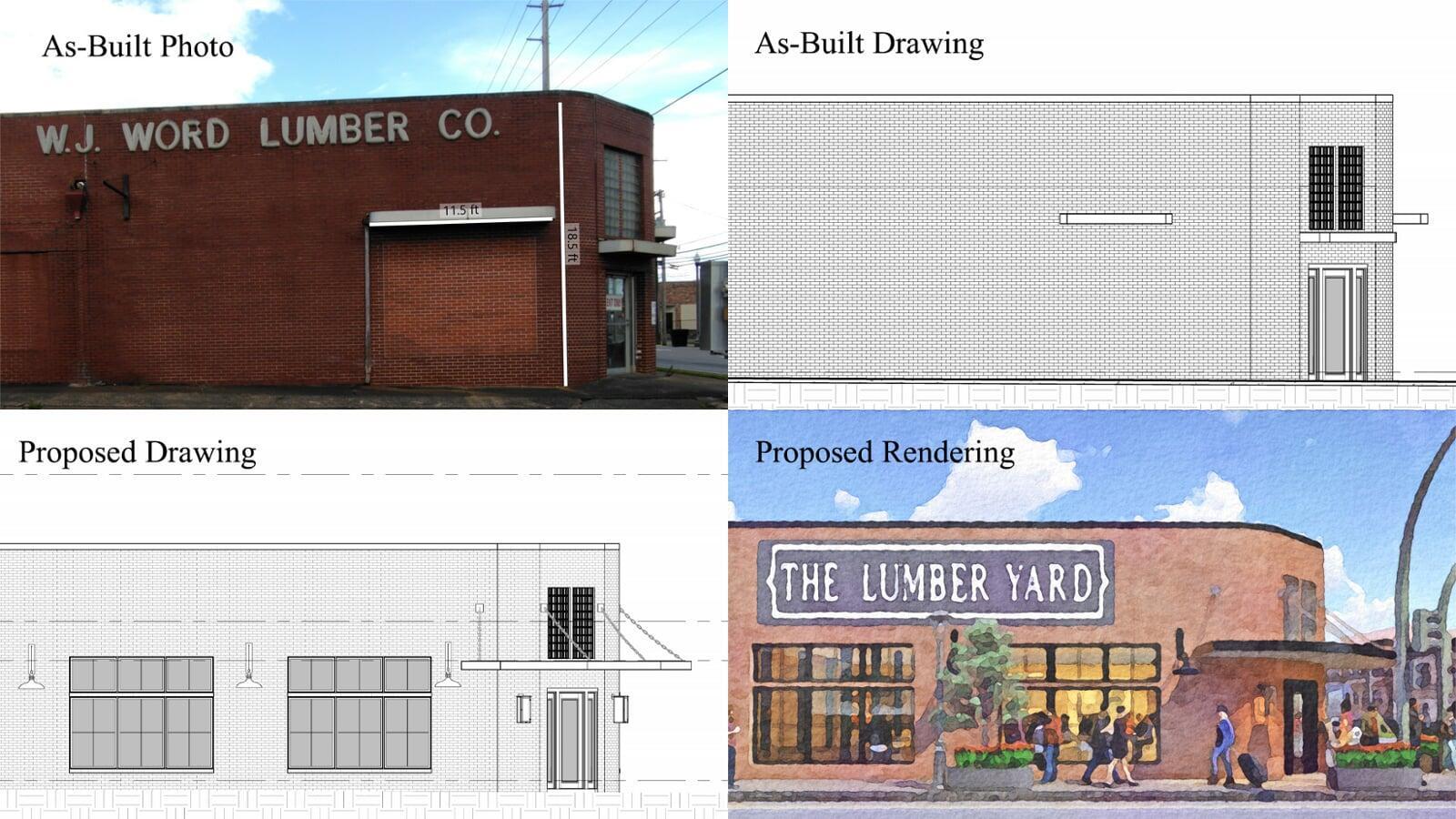 Comparison of an existing brick commercial building labeled W.J. Word Lumber Co. alongside its architectural as-built drawing, proposed elevation, and conceptual rendering showing the transformed storefront design renamed The Lumber Yard.