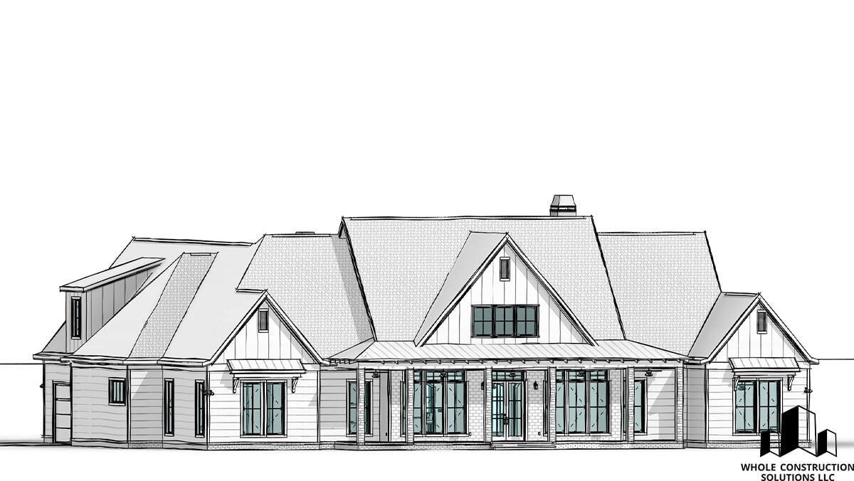 Front elevation of a craftsman-inspired home with steep gables, board-and-batten siding, and full-height windows by Whole Construction Solutions LLC.