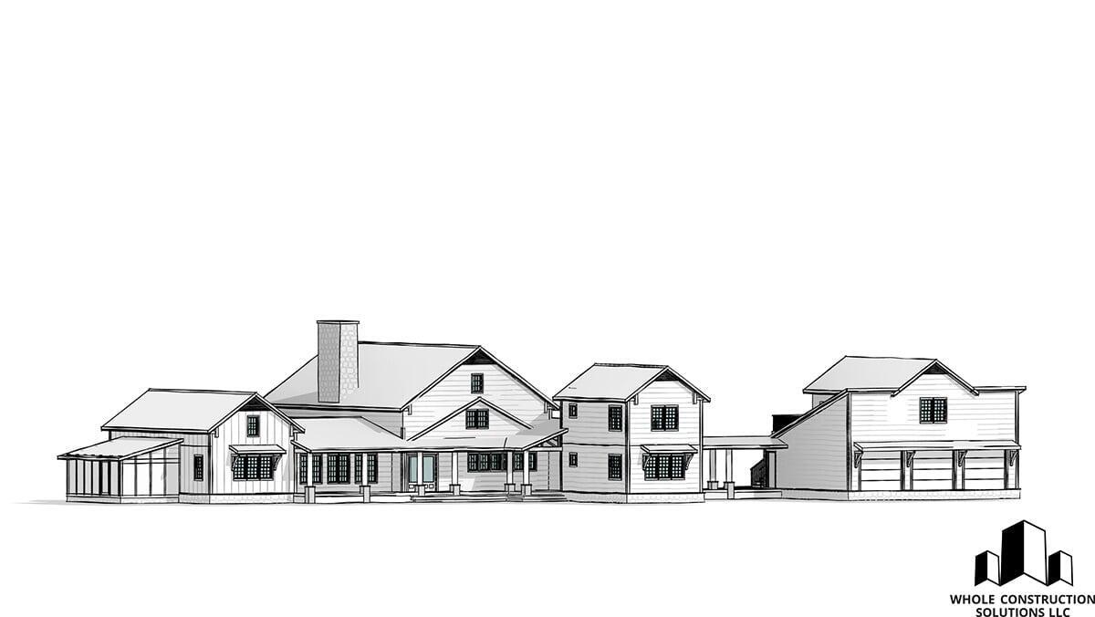 Architectural rendering of a sprawling ranch-style home with multiple rooflines, stone chimney, and wraparound porch drafted by Whole Construction Solutions LLC.
