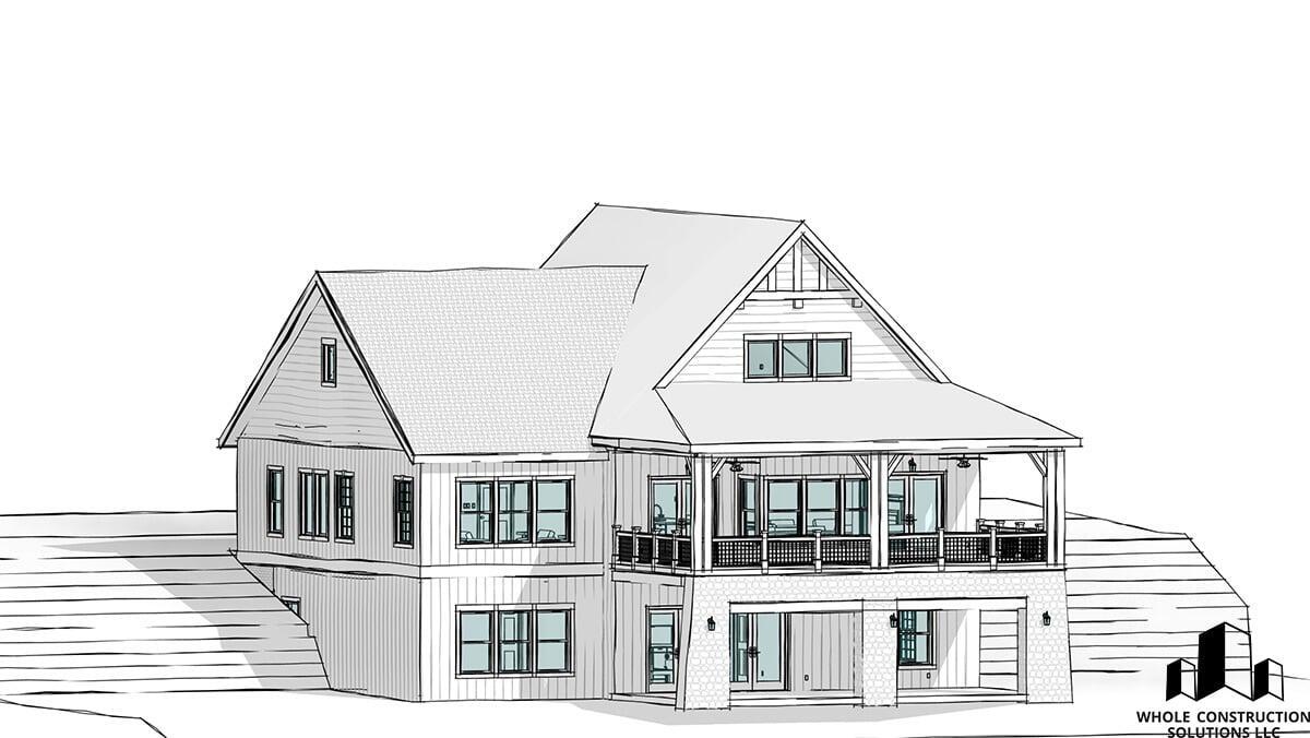 Rear elevation of a lake house with walkout basement, covered double decks, and large windows overlooking the water drafted by Whole Construction Solutions LLC.