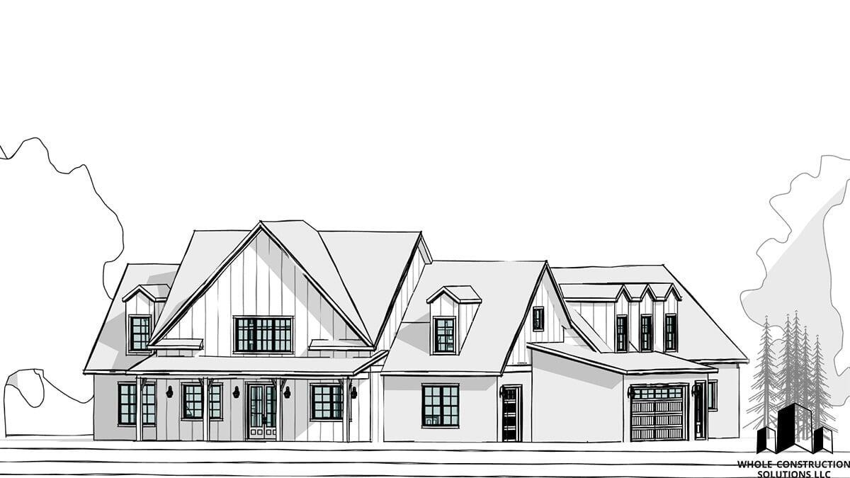 Architectural elevation of a two-story farmhouse featuring dormer windows, a covered front porch, and board-and-batten siding created by Whole Construction Solutions LLC.