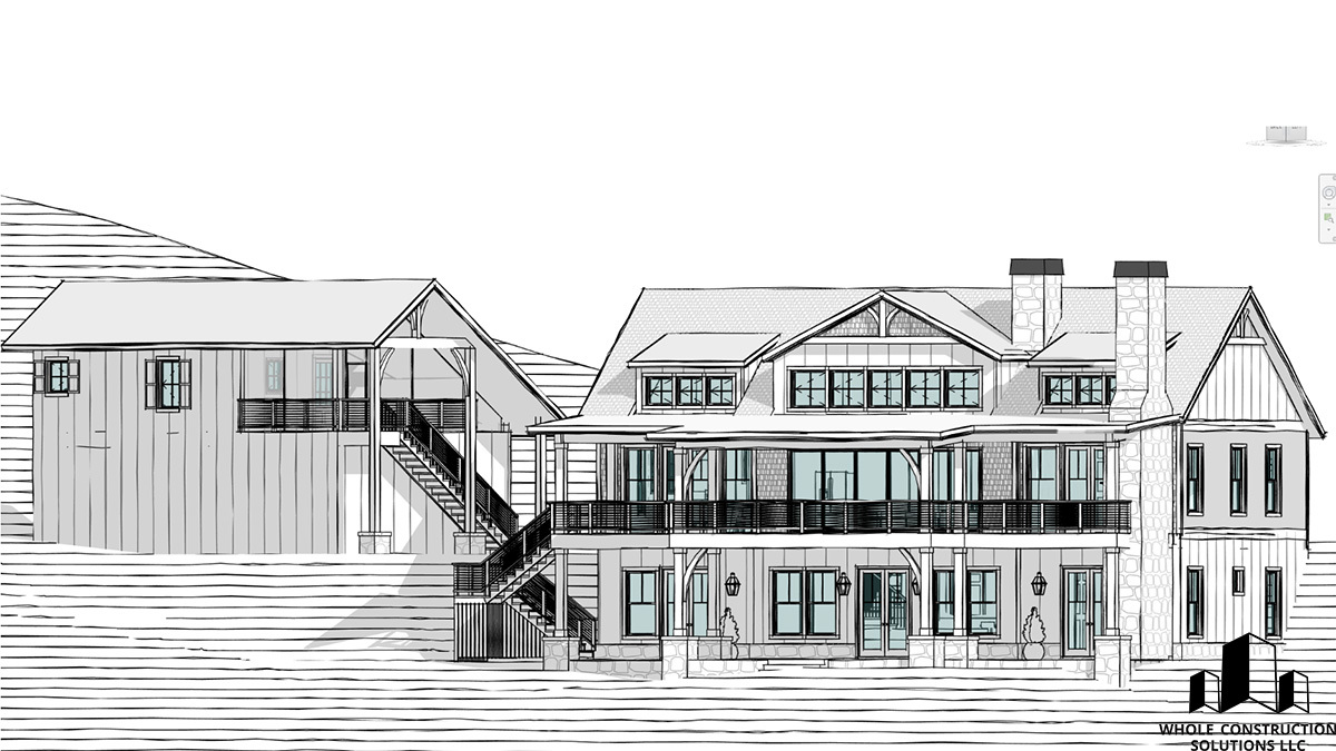 Rear elevation rendering of a lakeside home with large windows, double decks, and exterior stairs leading to the water level, designed by Whole Construction Solutions LLC.