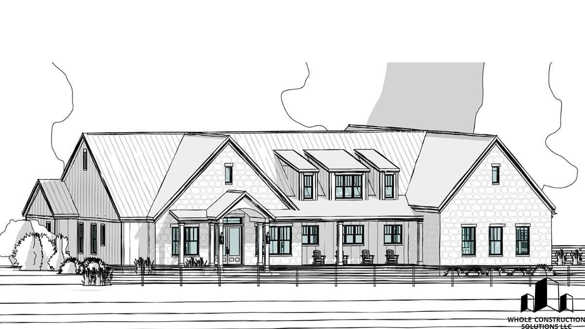 Architectural rendering of a two-story southern farmhouse with a metal roof, covered porch, and symmetrical window layout by Whole Construction Solutions LLC.