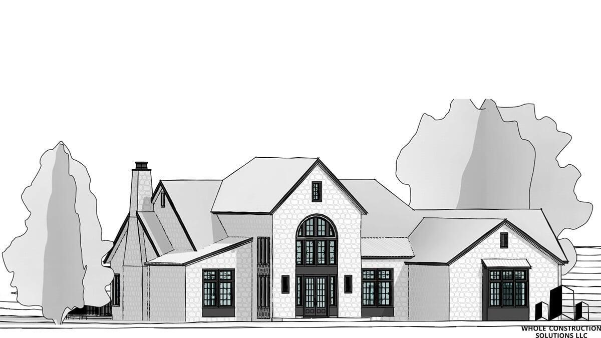 Front elevation of a traditional-style stone home with arched windows, gabled rooflines, and a central chimney designed by Whole Construction Solutions LLC.