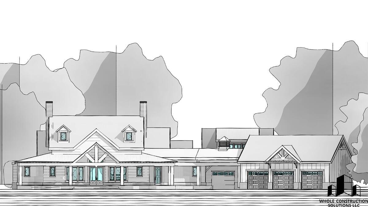 Front elevation of a craftsman-inspired single-story home with exposed timber details, gabled rooflines, and attached garages by Whole Construction Solutions LLC.
