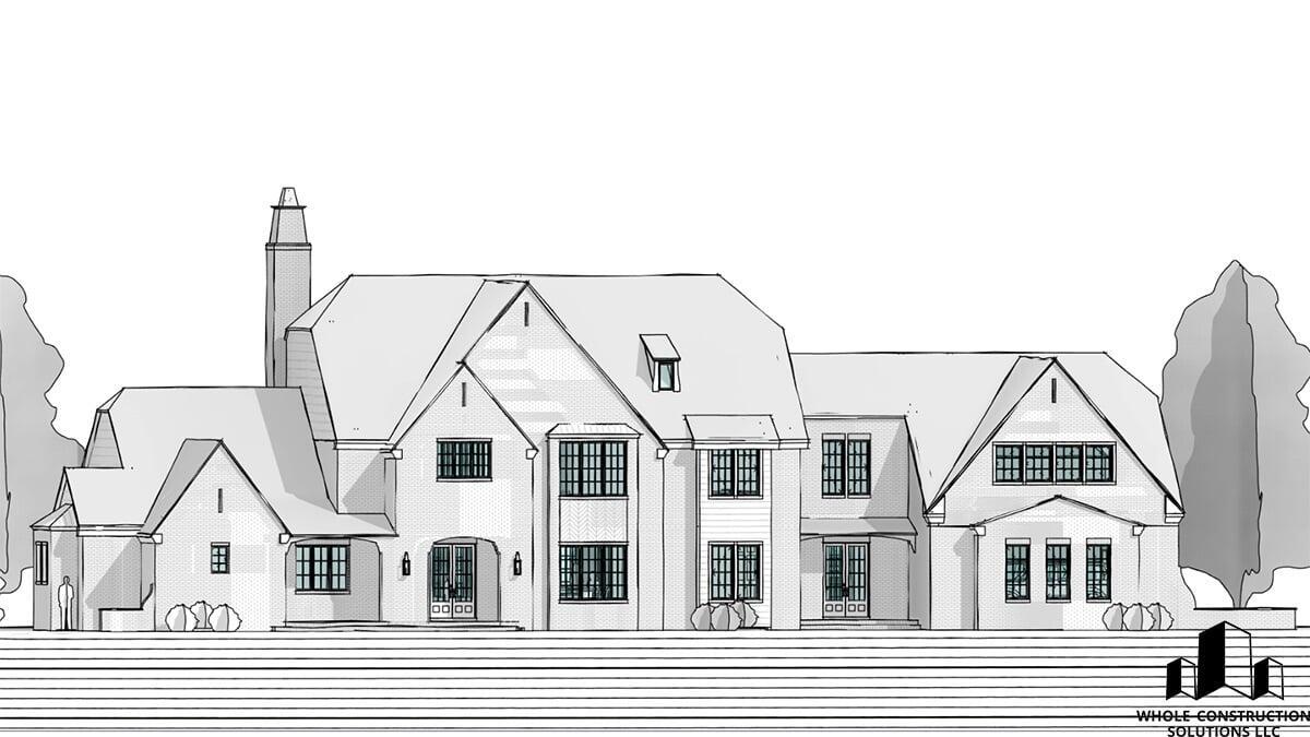 Detailed elevation of a traditional-style home with brick exterior, tall windows, and multiple gables drafted by Whole Construction Solutions LLC