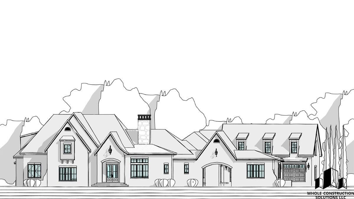 Front elevation rendering of a modern farmhouse with steep gables, mixed siding materials, and large windows designed by Whole Construction Solutions LLC.