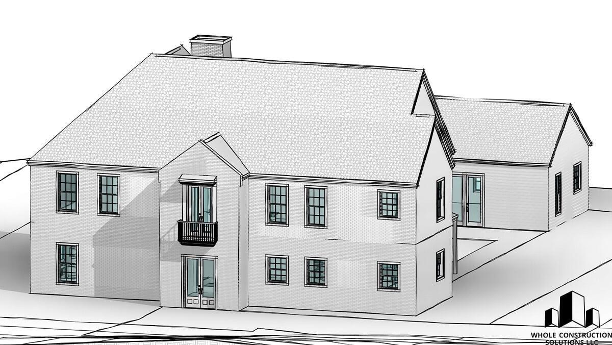 Architectural rendering of a two-story modern Scandinavian  with clean rooflines, central entry balcony, and rear wing addition created by Whole Construction Solutions LLC.