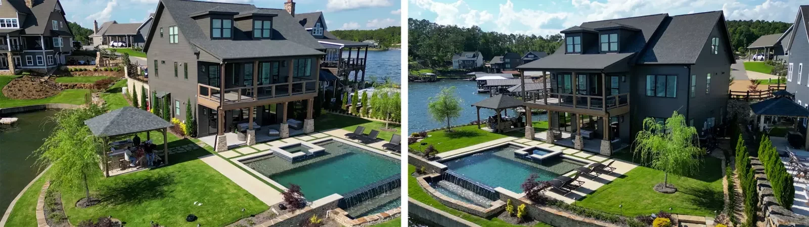 Modern two-story Lake Martin home with dark siding, large windows, and a poolside patio overlooking landscaped waterfront views.
